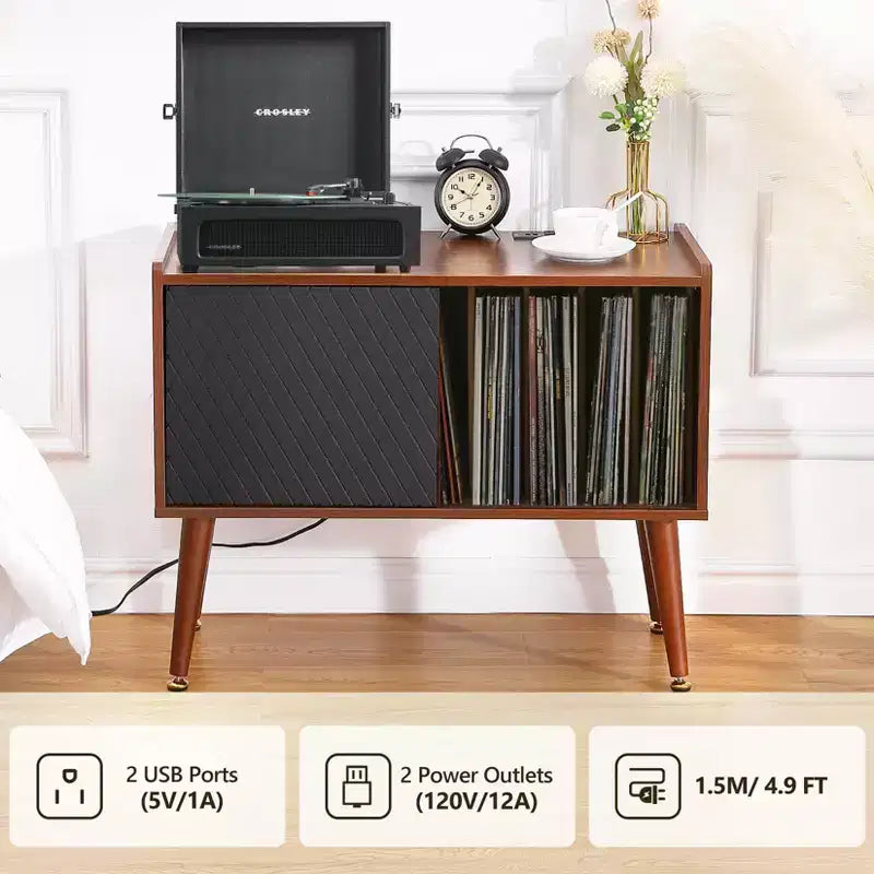 Record Player Stand with Charging Station & USB Ports – Holds 300 Albums, Vinyl Storage Cabinet