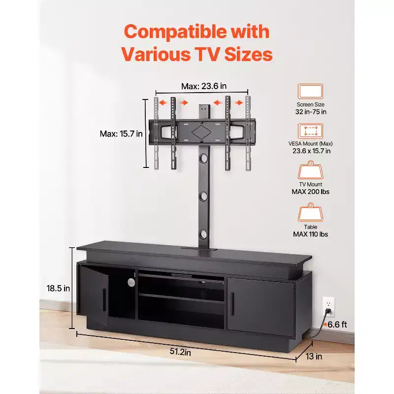 52" TV Stand with Mount for up to 75" TVs, Entertainment Center with Power Outlet, Height Adjustable, Black