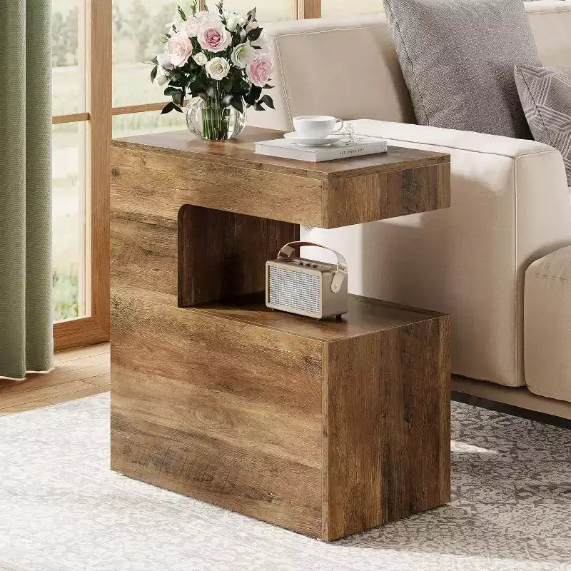Lantine C-Shaped End Table, 25.59 Couch Side Table with 2-Tier Storage Shelf, Farmhouse TV Tray for Sofa, Living Room, Bedroom, Brown