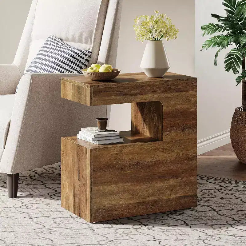 C-Shaped End Table, 25.59" Couch Side Table with 2-Tier Storage Shelf, Farmhouse TV Tray, Brown