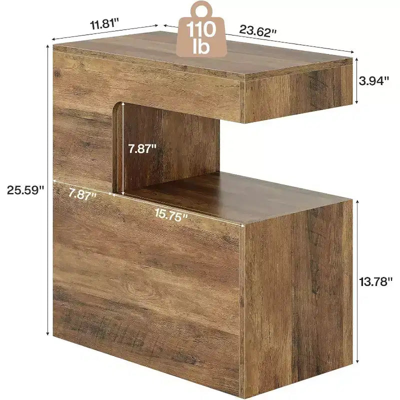 C-Shaped End Table, 25.59" Couch Side Table with 2-Tier Storage Shelf, Farmhouse TV Tray, Brown