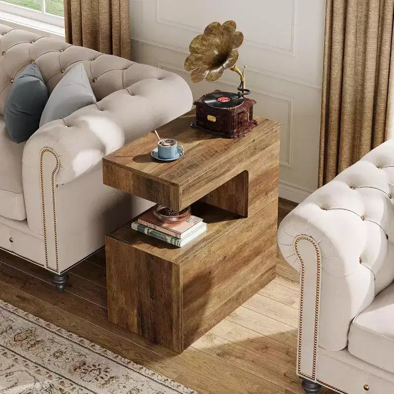 C-Shaped End Table, 25.59" Couch Side Table with 2-Tier Storage Shelf, Farmhouse TV Tray, Brown