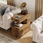 Table d'appoint en forme de C, table de canapé de 65 cm avec étagère de rangement à 2 niveaux, plateau TV de style ferme, marron