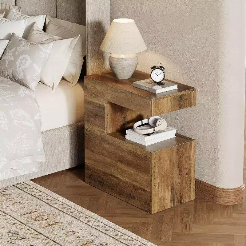 C-Shaped End Table, 25.59" Couch Side Table with 2-Tier Storage Shelf, Farmhouse TV Tray, Brown