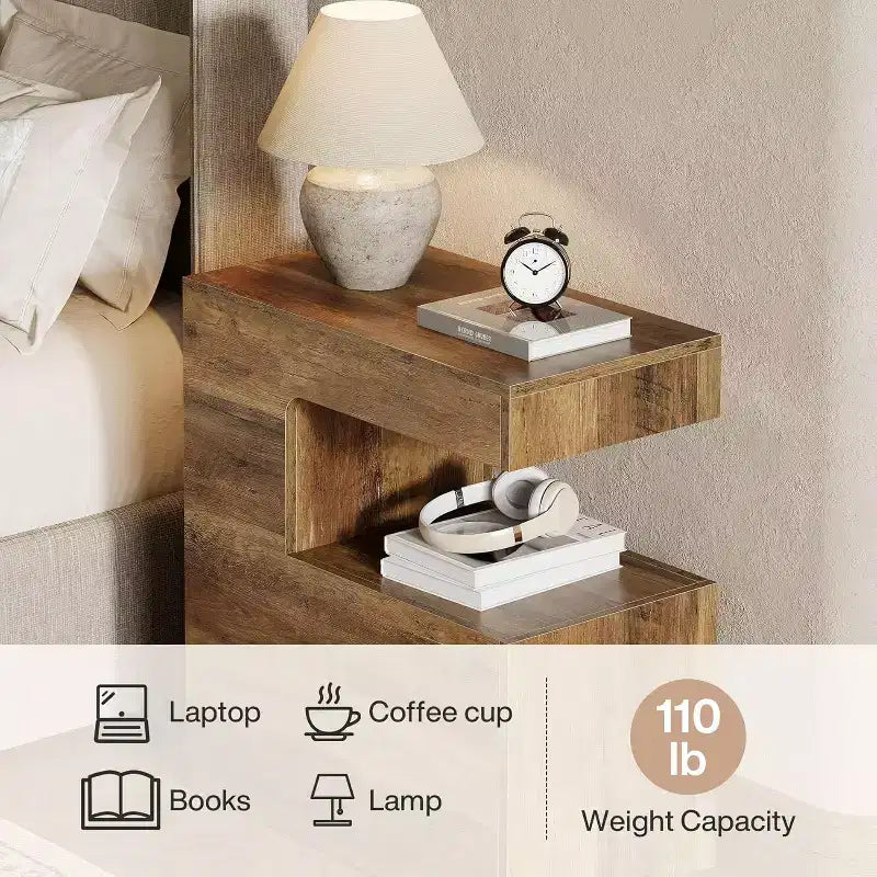 C-Shaped End Table, 25.59" Couch Side Table with 2-Tier Storage Shelf, Farmhouse TV Tray, Brown