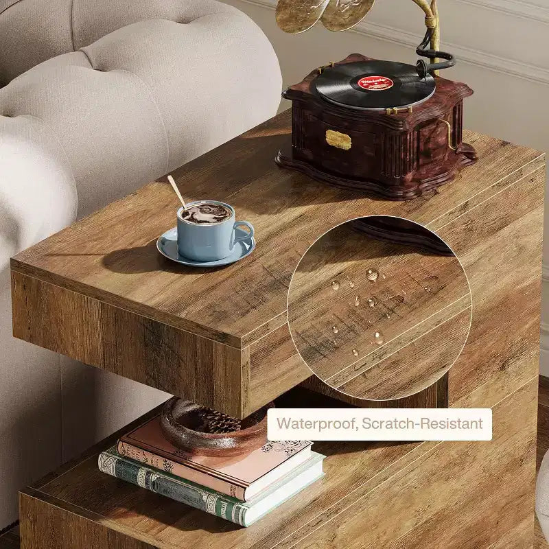 C-Shaped End Table, 25.59" Couch Side Table with 2-Tier Storage Shelf, Farmhouse TV Tray, Brown