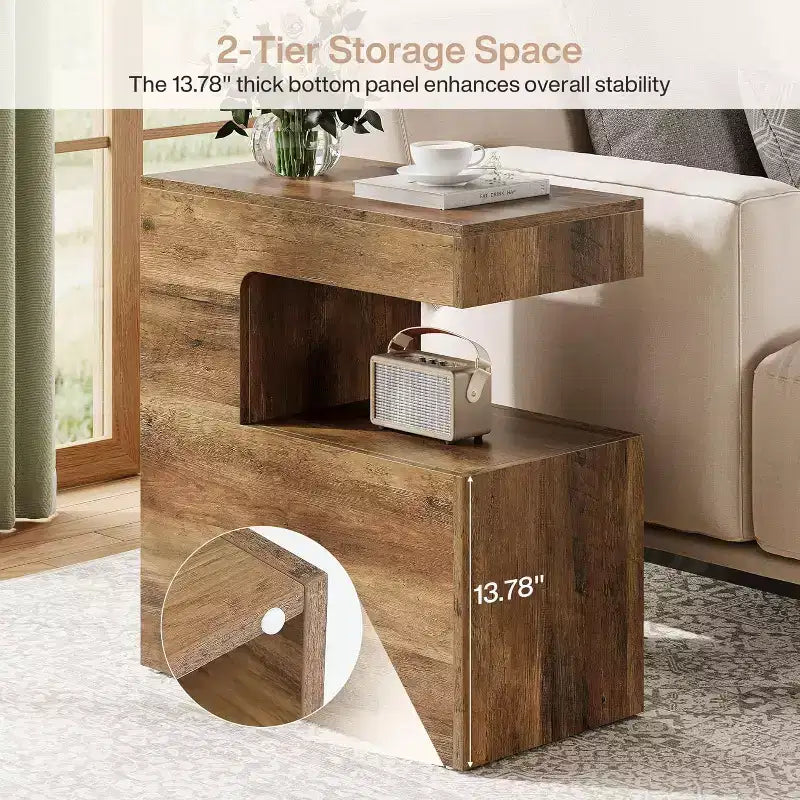 C-Shaped End Table, 25.59" Couch Side Table with 2-Tier Storage Shelf, Farmhouse TV Tray, Brown