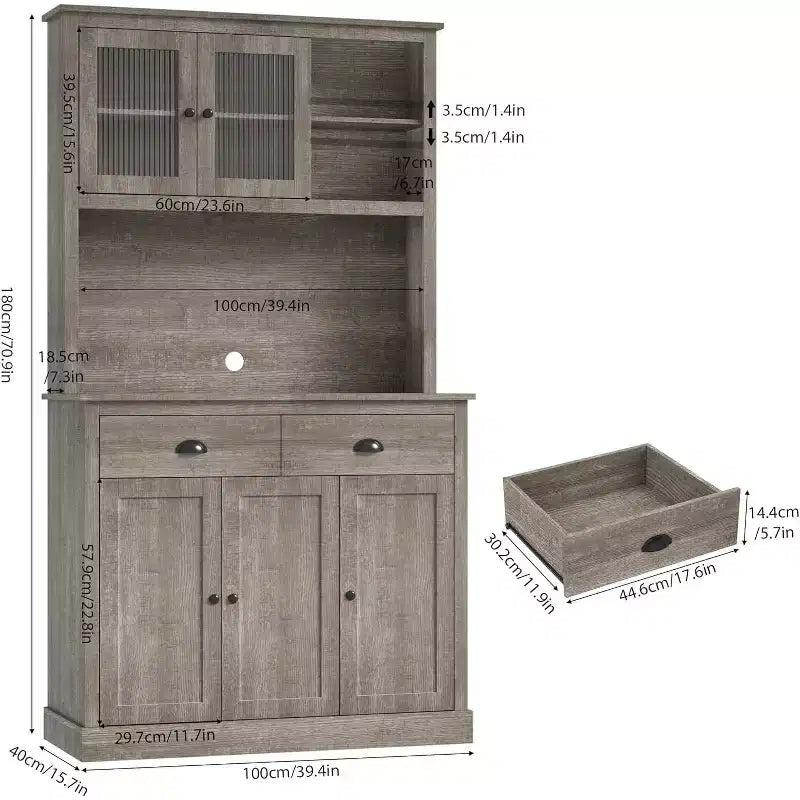 71" Tall Pantry Cabinet with Doors & Drawer, Farmhouse Hutch with Microwave Stand & Anti-Tip
