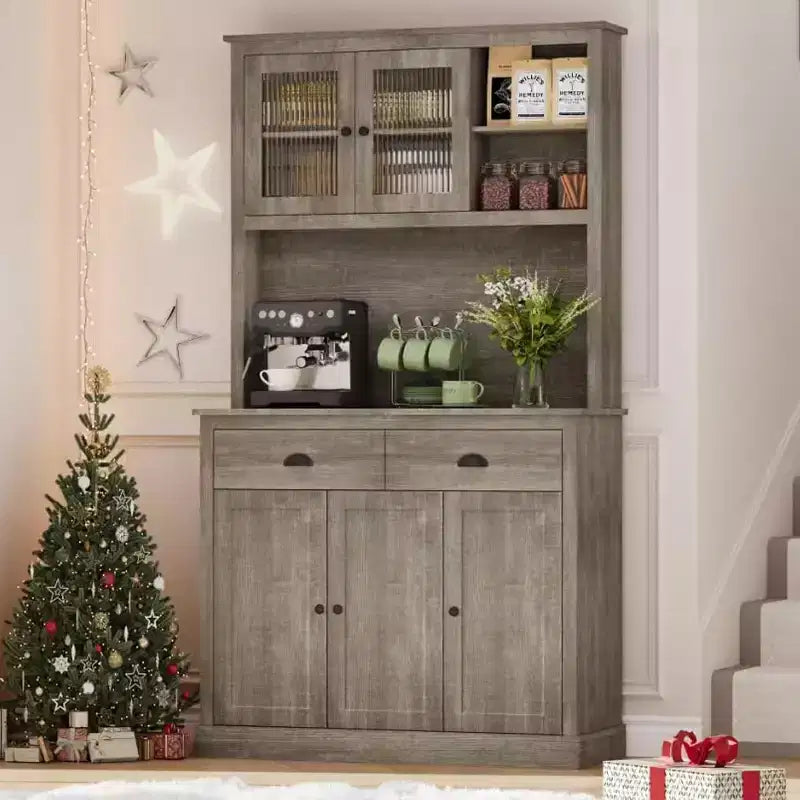 71" Tall Pantry Cabinet with Doors & Drawer, Farmhouse Hutch with Microwave Stand & Anti-Tip