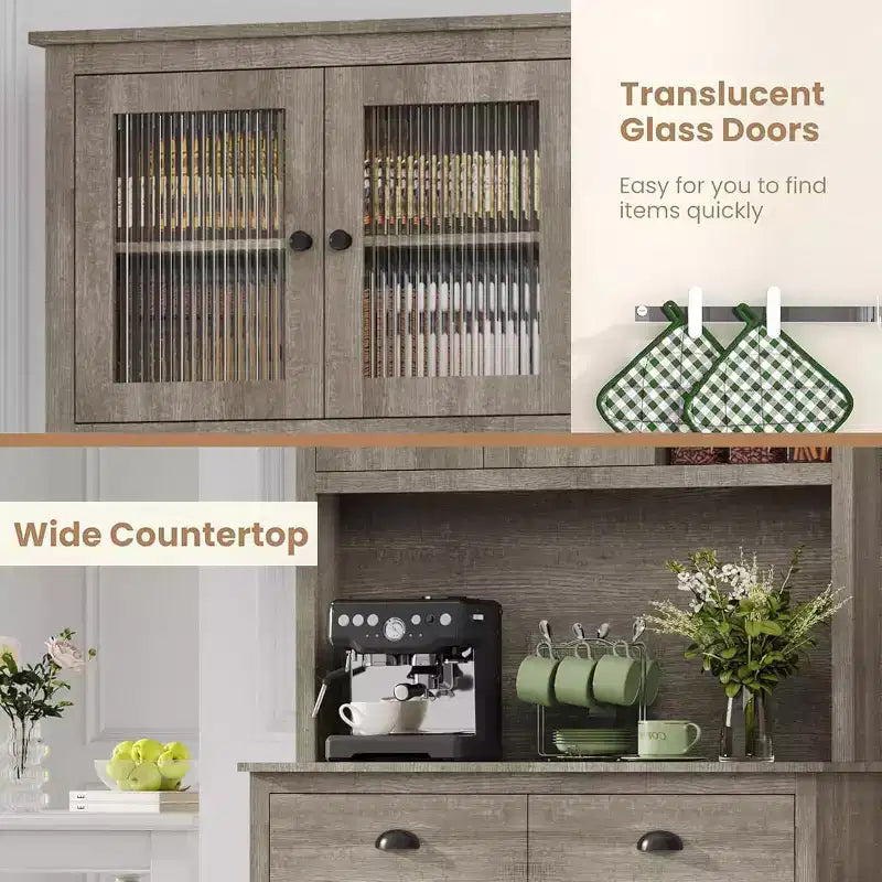 71" Tall Pantry Cabinet with Doors & Drawer, Farmhouse Hutch with Microwave Stand & Anti-Tip