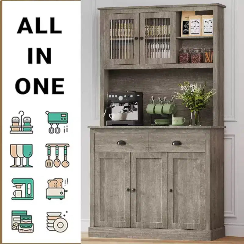 71" Tall Pantry Cabinet with Doors & Drawer, Farmhouse Hutch with Microwave Stand & Anti-Tip