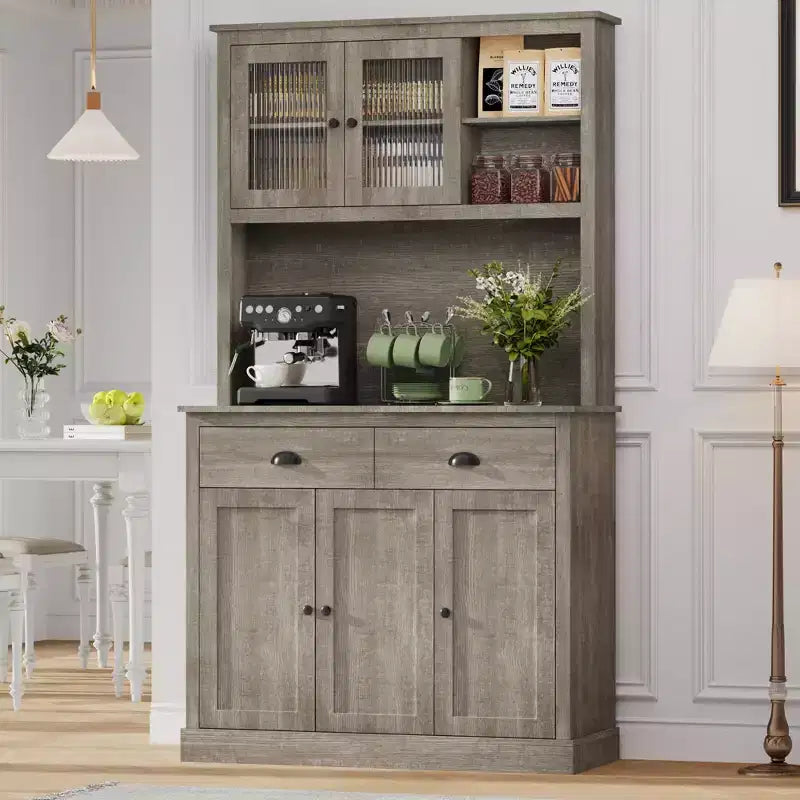 71" Tall Pantry Cabinet with Doors & Drawer, Farmhouse Hutch with Microwave Stand & Anti-Tip