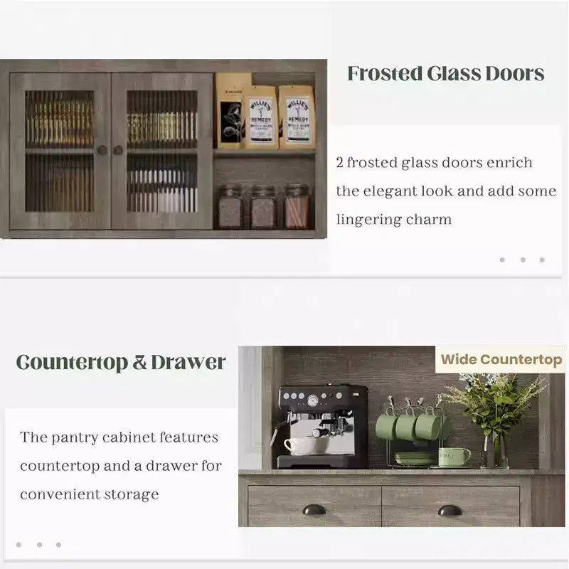 71" Tall Pantry Cabinet with Doors & Drawer, Farmhouse Hutch with Microwave Stand & Anti-Tip