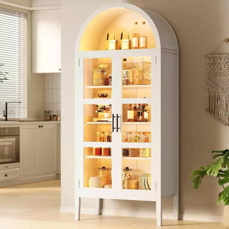 Arched Wine Cabinet with LED Lights - White Freestanding Storage Cabinet with Glass Doors for Kitchen, Dining Room
