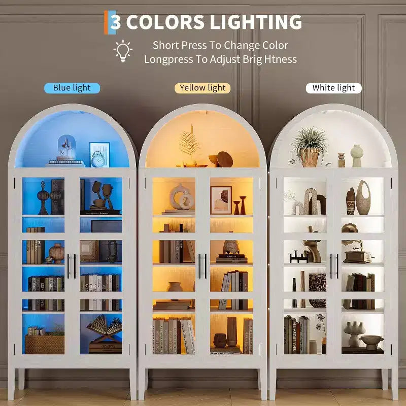Arched Wine Cabinet with LED Lights - White Freestanding Storage Cabinet with Glass Doors for Kitchen, Dining Room