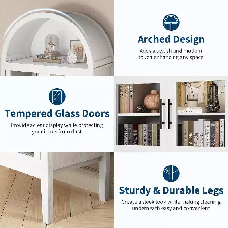 Arched Wine Cabinet with LED Lights - White Freestanding Storage Cabinet with Glass Doors for Kitchen, Dining Room