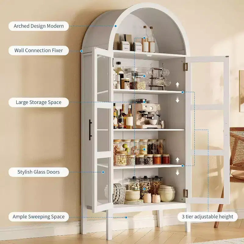 Arched Wine Cabinet with LED Lights - White Freestanding Storage Cabinet with Glass Doors for Kitchen, Dining Room