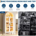 Meuble à vin arqué avec lumières LED - Buffet autoportant blanc avec portes vitrées pour cuisine, salle à manger