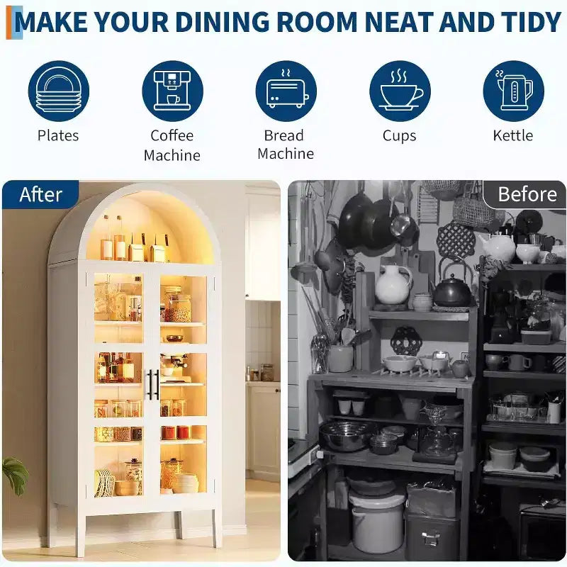 Arched Wine Cabinet with LED Lights - White Freestanding Storage Cabinet with Glass Doors for Kitchen, Dining Room