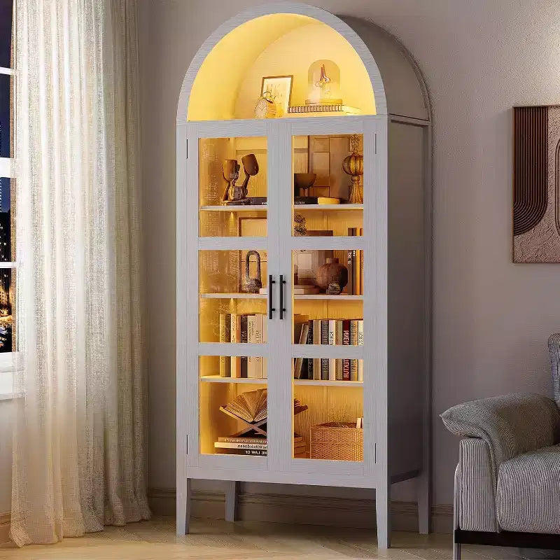 Arched Wine Cabinet with LED Lights - White Freestanding Storage Cabinet with Glass Doors for Kitchen, Dining Room