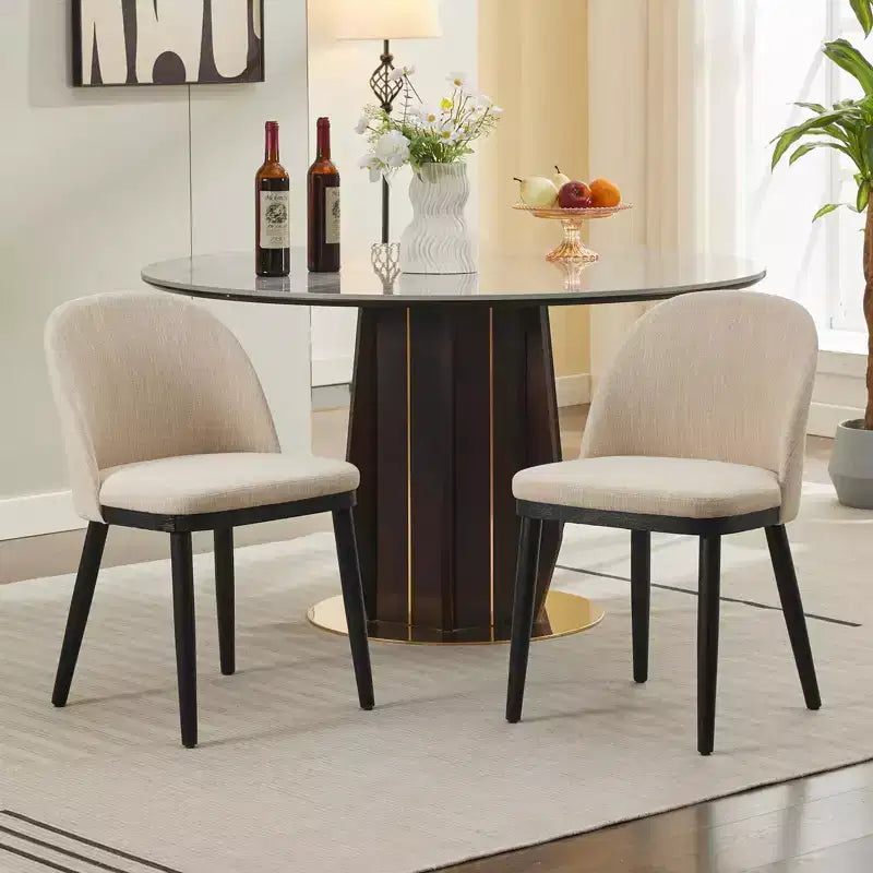Set of 2 Armless Dining Chairs with Curved Backrest and Wood Leg for Restaurant/Cafe, Modern Fabric Upholstered