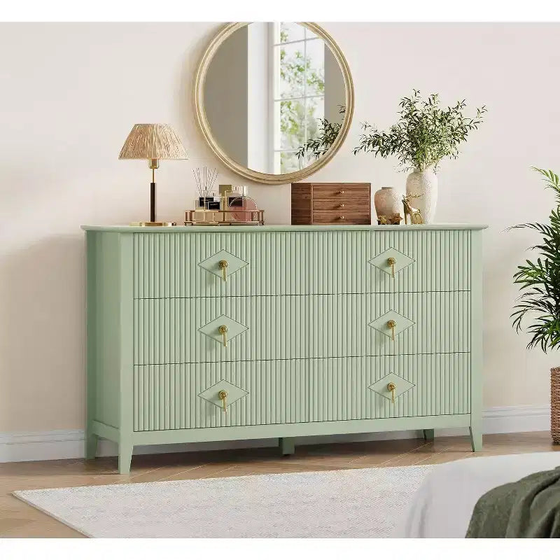 Bedroom Dressing Table with 6 Drawers, 54 Wide Modern Chest of Drawers with Metal Handles, Wooden Storage Cabinet for Bedroom, Living Room, Hallway