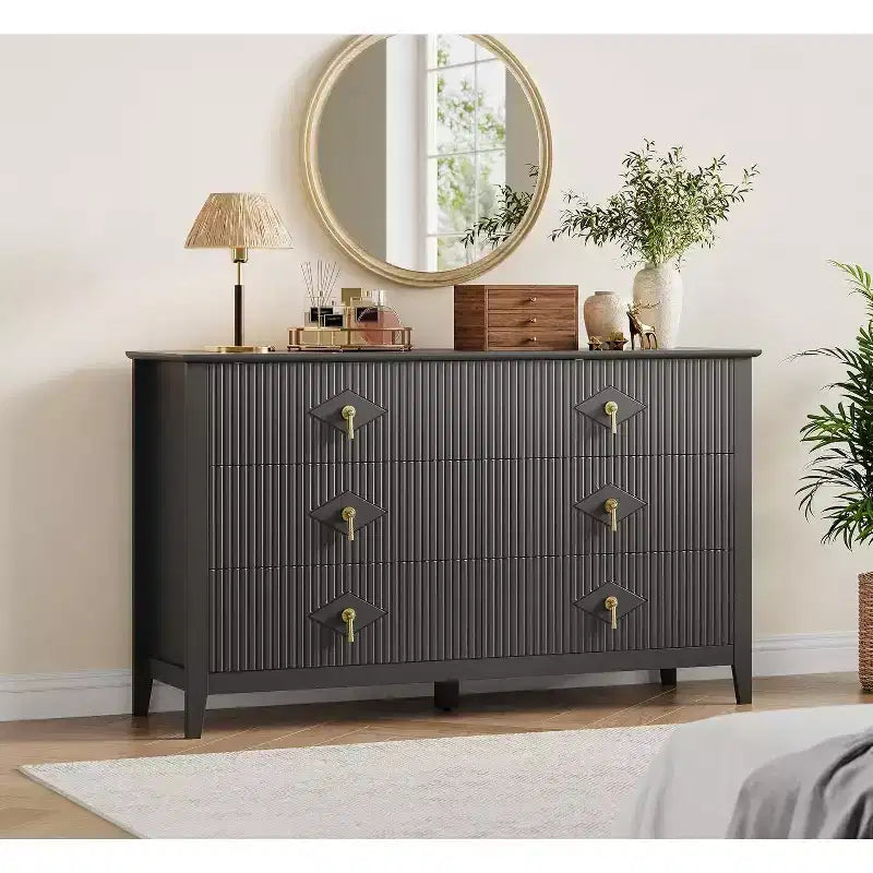 Commode 6 Tiroirs avec Poignées Métalliques, Meuble de Rangement en Bois pour Chambre à Coucher, Salon, Couloir