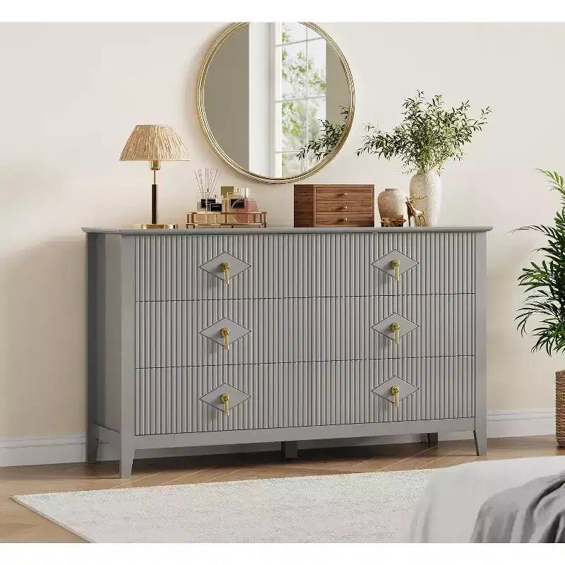 Commode 6 Tiroirs avec Poignées Métalliques, Meuble de Rangement en Bois pour Chambre à Coucher, Salon, Couloir