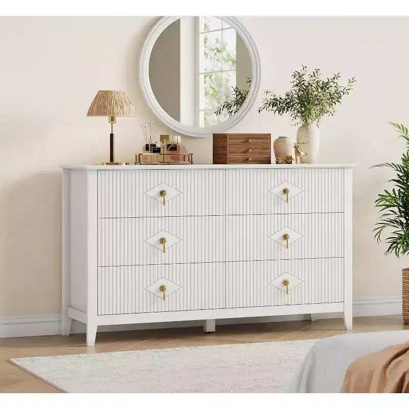 Commode 6 Tiroirs avec Poignées Métalliques, Meuble de Rangement en Bois pour Chambre à Coucher, Salon, Couloir