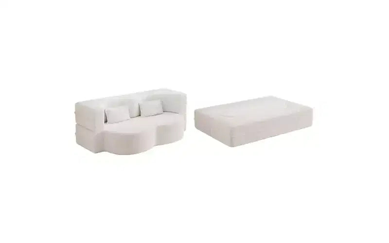 Modern Floor Sofa with 2 Pillows, Convertible Teddy Fabric Sleeper Sofa Bed for Living Room