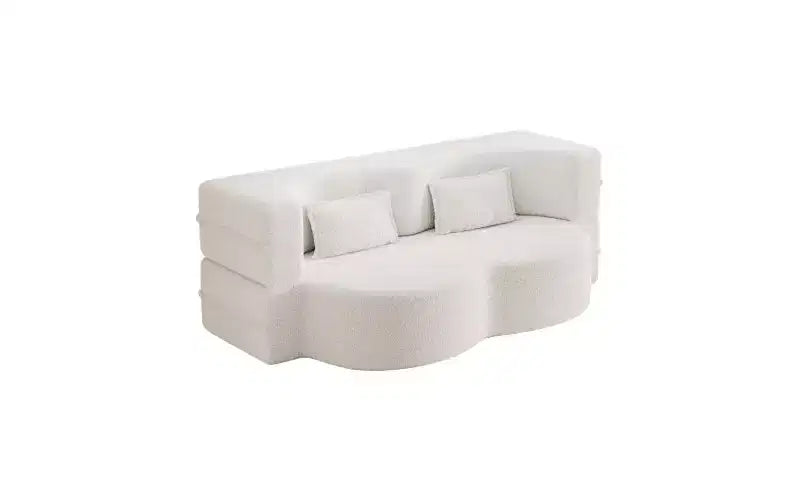 Modern Floor Sofa with 2 Pillows, Convertible Teddy Fabric Sleeper Sofa Bed for Living Room