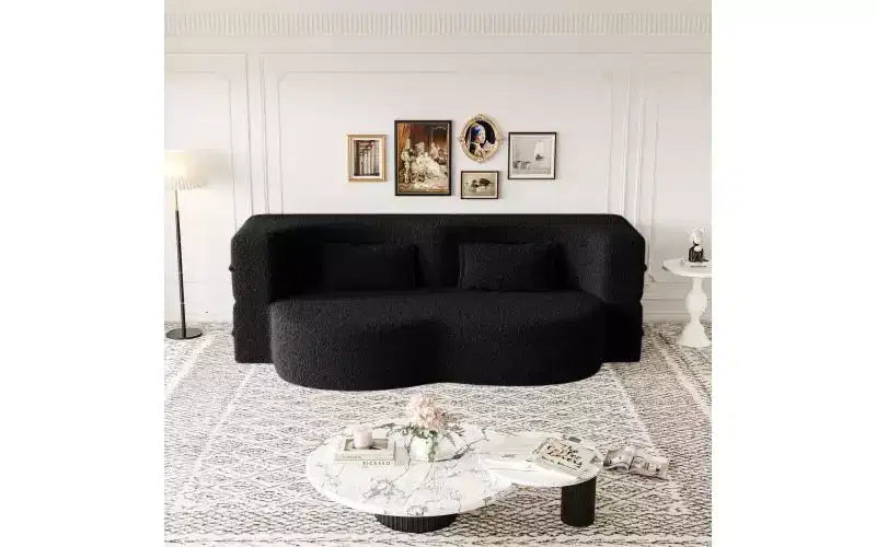 Modern Floor Sofa with 2 Pillows, Convertible Teddy Fabric Sleeper Sofa Bed for Living Room