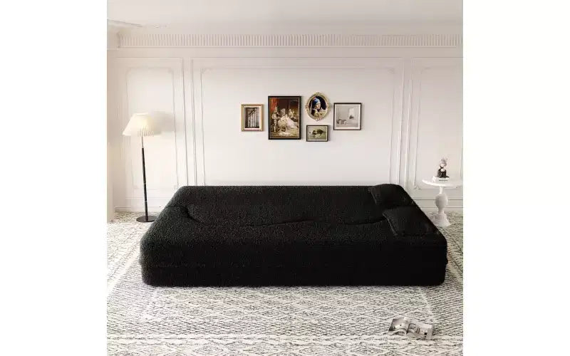 Modern Floor Sofa with 2 Pillows, Convertible Teddy Fabric Sleeper Sofa Bed for Living Room