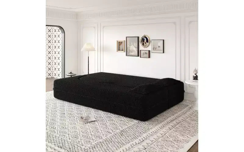 Modern Floor Sofa with 2 Pillows, Convertible Teddy Fabric Sleeper Sofa Bed for Living Room