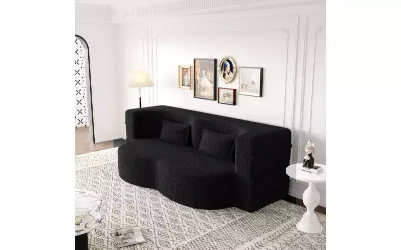 Modern Floor Sofa with 2 Pillows, Convertible Teddy Fabric Sleeper Sofa Bed for Living Room