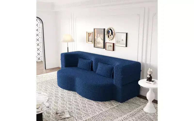 Modern Floor Sofa with 2 Pillows, Convertible Teddy Fabric Sleeper Sofa Bed for Living Room