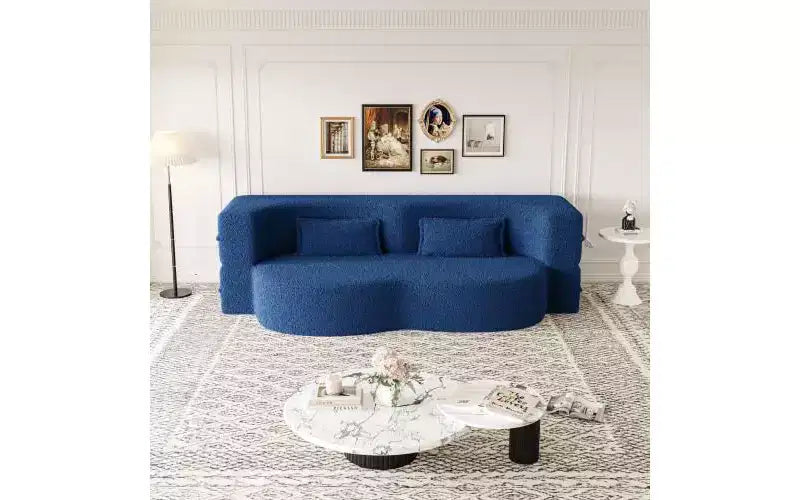 Modern Floor Sofa with 2 Pillows, Convertible Teddy Fabric Sleeper Sofa Bed for Living Room