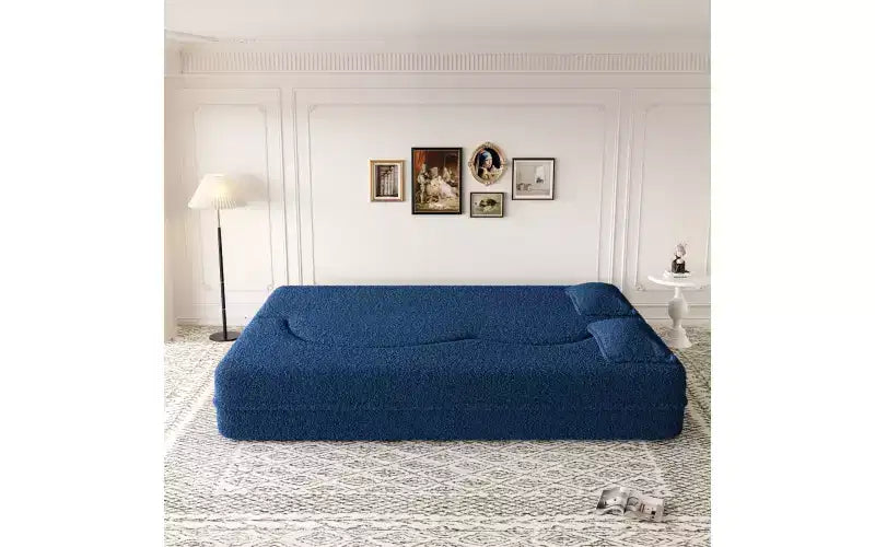 Modern Floor Sofa with 2 Pillows, Convertible Teddy Fabric Sleeper Sofa Bed for Living Room