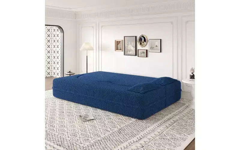 Modern Floor Sofa with 2 Pillows, Convertible Teddy Fabric Sleeper Sofa Bed for Living Room