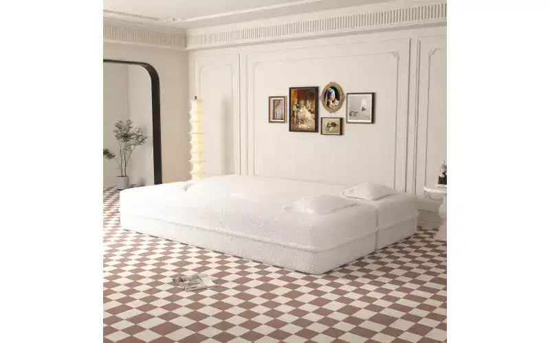 Modern Floor Sofa with 2 Pillows, Convertible Teddy Fabric Sleeper Sofa Bed for Living Room