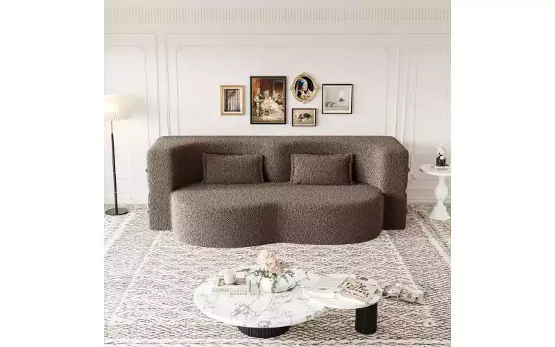 Modern Floor Sofa with 2 Pillows, Convertible Teddy Fabric Sleeper Sofa Bed for Living Room