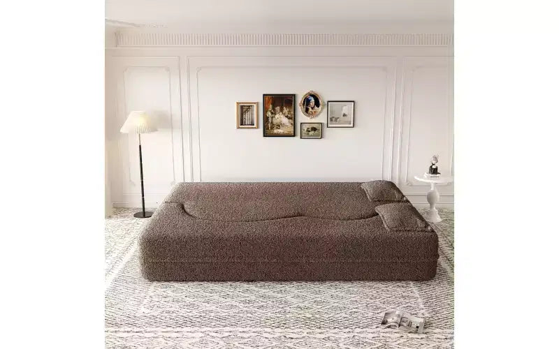 Modern Floor Sofa with 2 Pillows, Convertible Teddy Fabric Sleeper Sofa Bed for Living Room