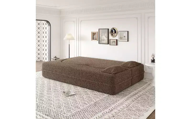 Modern Floor Sofa with 2 Pillows, Convertible Teddy Fabric Sleeper Sofa Bed for Living Room