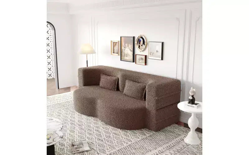 Modern Floor Sofa with 2 Pillows, Convertible Teddy Fabric Sleeper Sofa Bed for Living Room