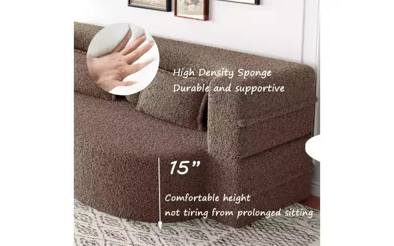 Modern Floor Sofa with 2 Pillows, Convertible Teddy Fabric Sleeper Sofa Bed for Living Room