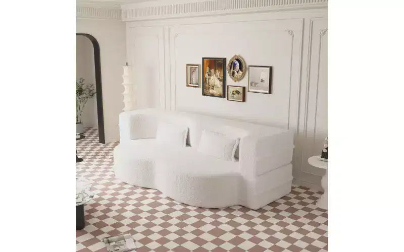 Modern Floor Sofa with 2 Pillows, Convertible Teddy Fabric Sleeper Sofa Bed for Living Room
