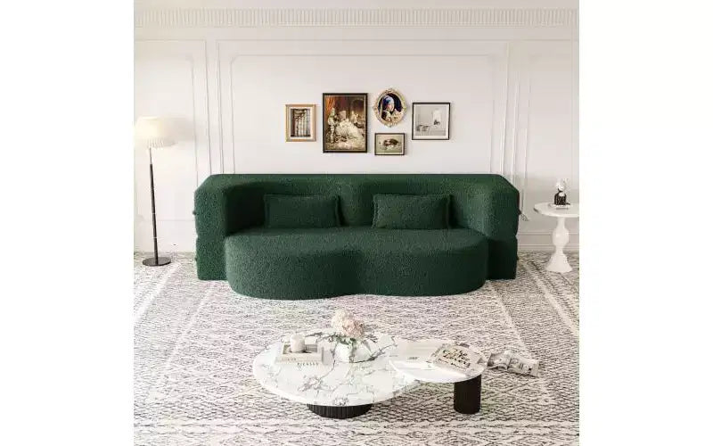 Modern Floor Sofa with 2 Pillows, Convertible Teddy Fabric Sleeper Sofa Bed for Living Room