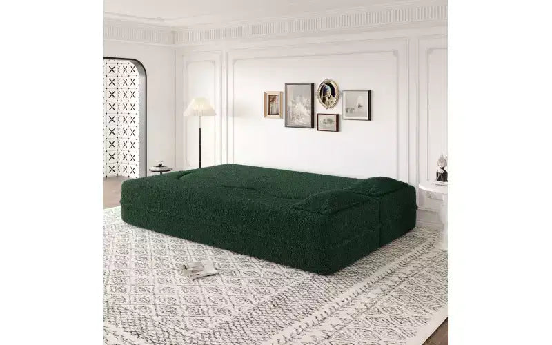 Modern Floor Sofa with 2 Pillows, Convertible Teddy Fabric Sleeper Sofa Bed for Living Room