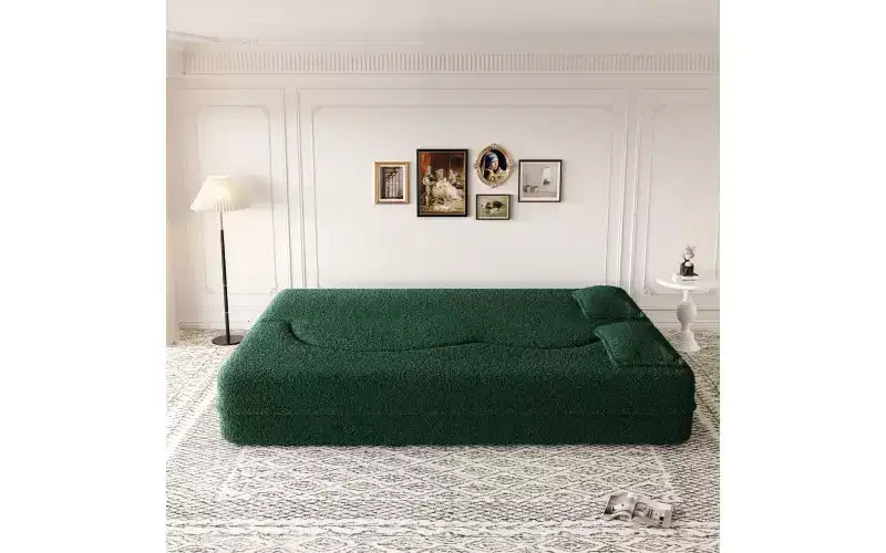 Modern Floor Sofa with 2 Pillows, Convertible Teddy Fabric Sleeper Sofa Bed for Living Room