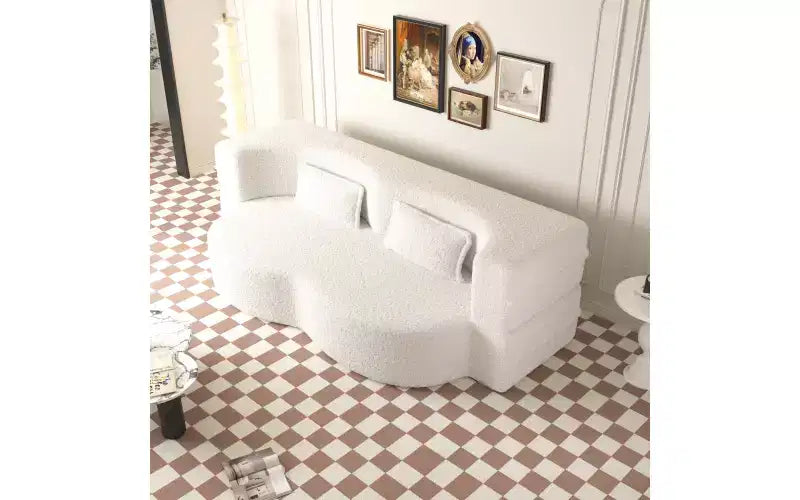 Modern Floor Sofa with 2 Pillows, Convertible Teddy Fabric Sleeper Sofa Bed for Living Room